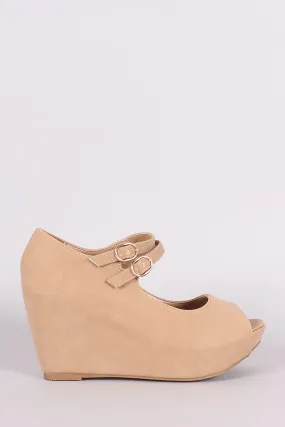 Bamboo Nubuck Double Mary Jane Strap Platform Wedge