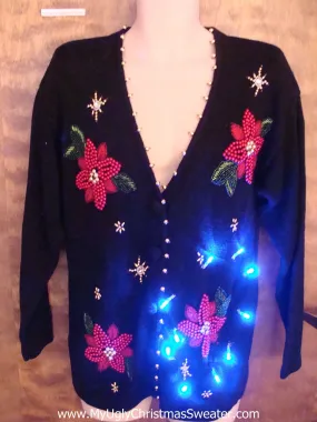 Bling Poinsettias Light Up Tacky Christmas Jumper