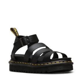 Dr Martens Blaire Sandals Hydro Black Leather Yellow Stitching 3 Strap